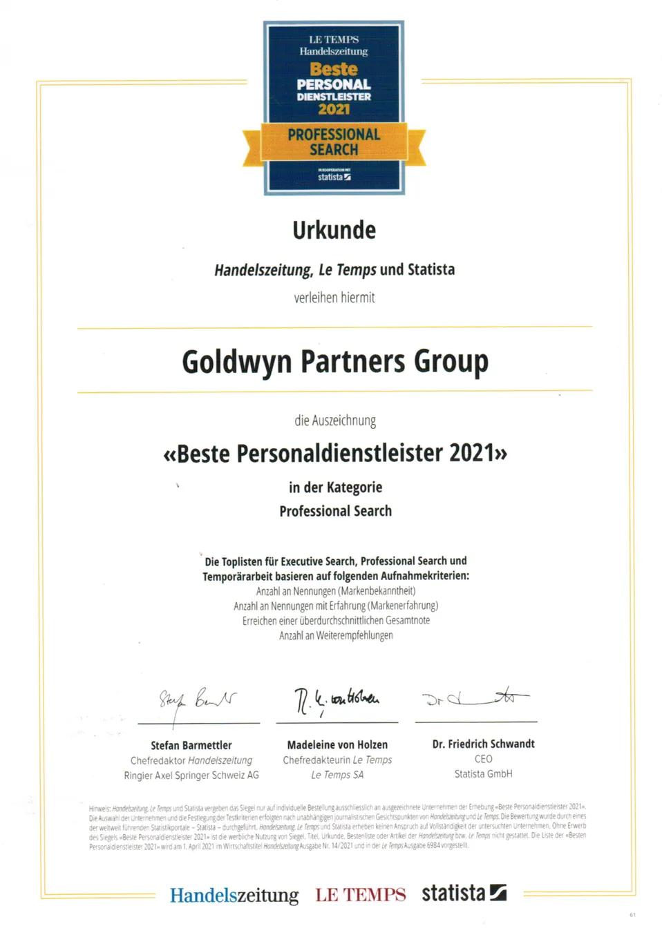 Urkunde Beste Personaldienstleister 2021 – Goldwyn Partners Group AG